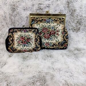 Vintage Set Lovely Floral Tapestry Purse & Wallet Fabric&Ornate Brass&Gold Chain